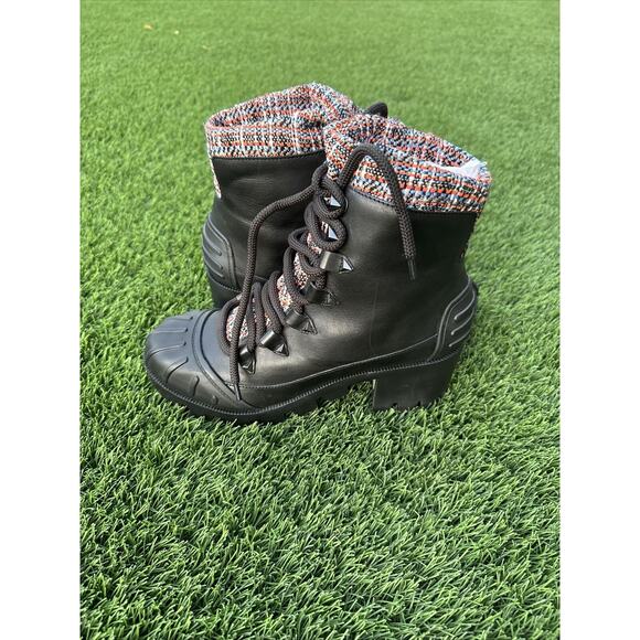 Schutz Jan Tweed Soft Black Leather Bootie Rock Stud Chunky Heel Women Size 10b - Picture 2 of 8